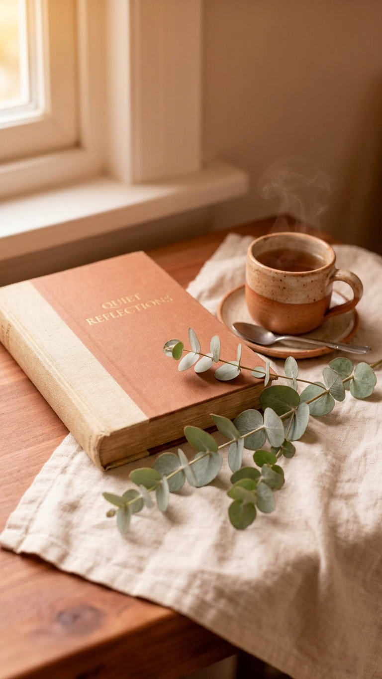 Open journal, beeswax candle and dried lavender in soft window light