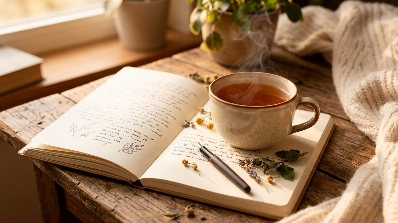 Hands cradling a warm cup of tea in soft golden light