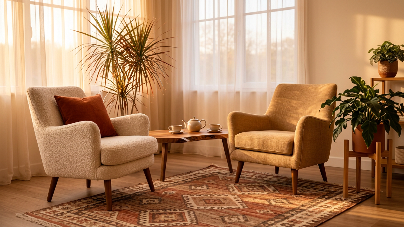 Warm sunlit counselling room with cream sofa and amber cushions