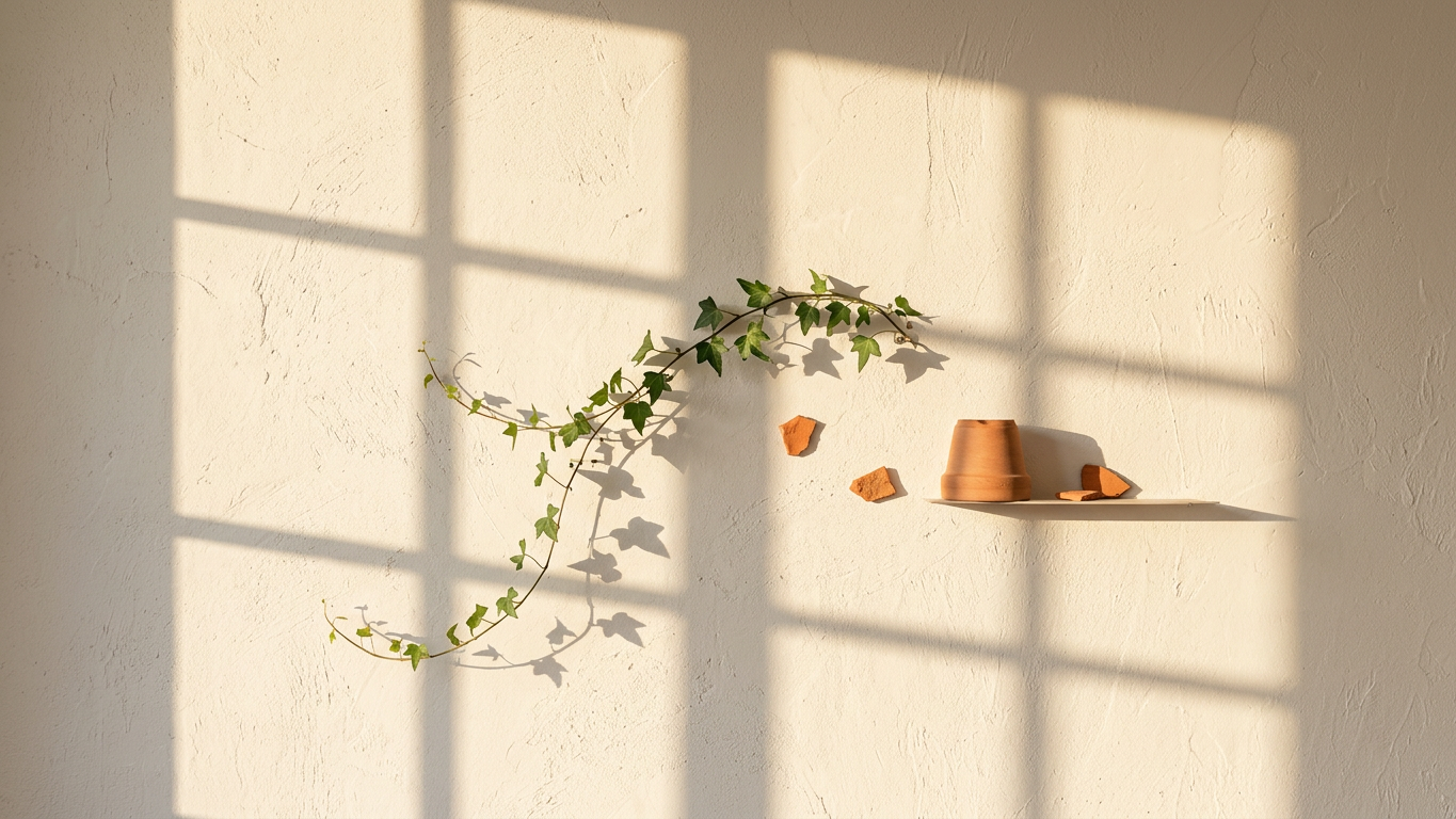 Warm golden light and soft leaf shadows on a cream wall